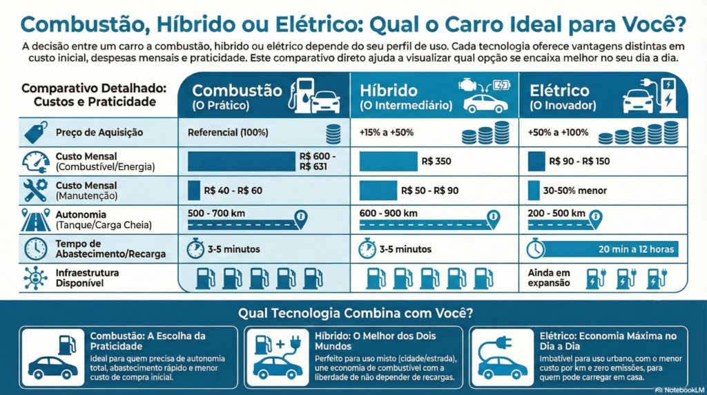 comparativo de carro à combustão, híbrido e elétrico